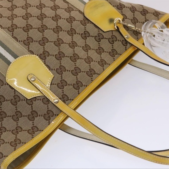 GUCCI GG Canvas Sherry Line Tote Bag Canvas Beige Yellow Khaki 211971 - Picture 5 of 16